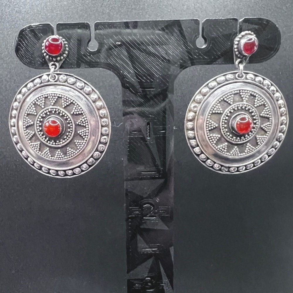 Sterling Silver‎ Bali Post Earrings Dangle Disk Carnelian Cabochons 1.5" 8.8g